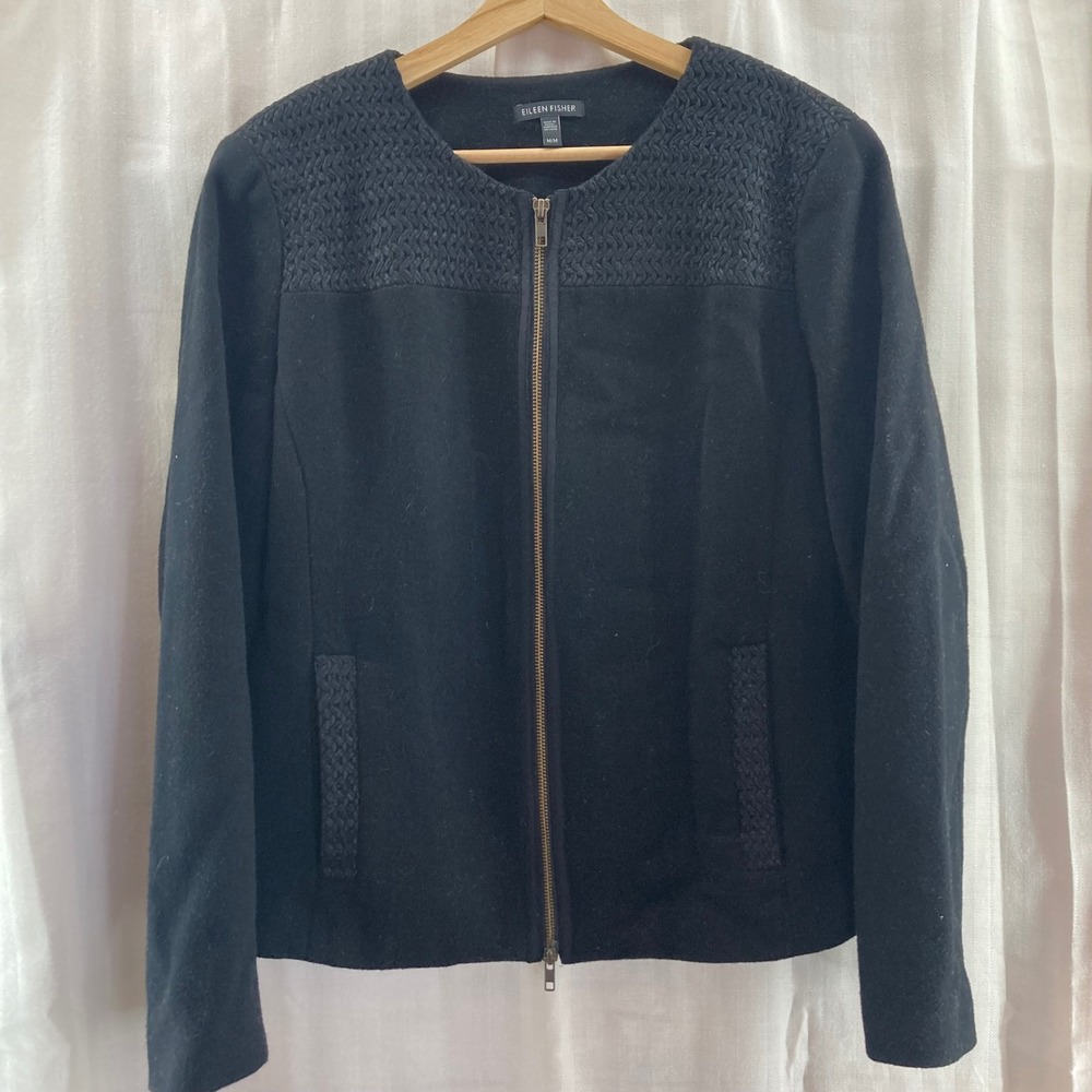 Eileen Fisher Black Wool Blend Knit Detail Zip Front Jacket M/M